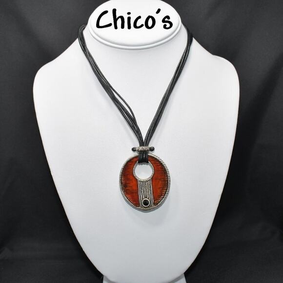 Vintage Chico's Red Enamel Pendant Leather Necklace, 21 Inches - Picture 1 of 8